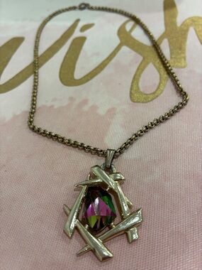Gold Tone Pendant Necklace with Iridescent Gemstone